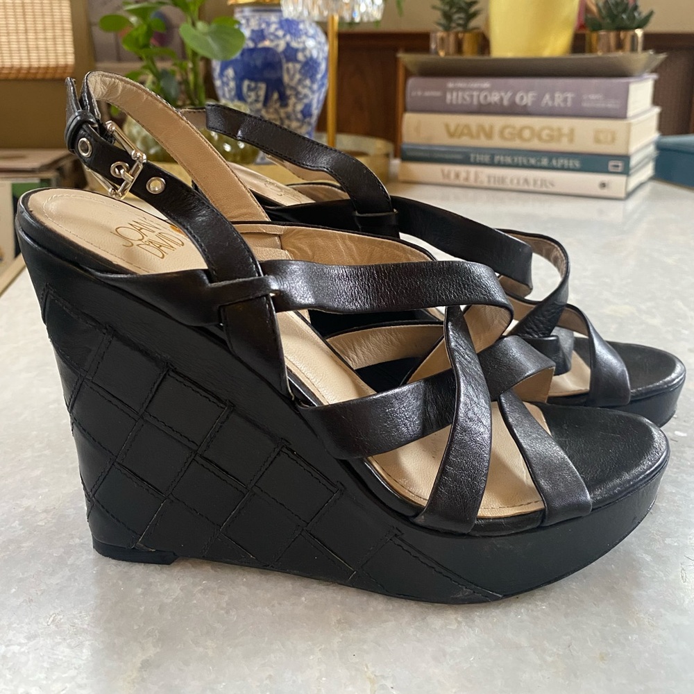 Joan & David Black Wedge Slingback Platform Heels Size 7.5